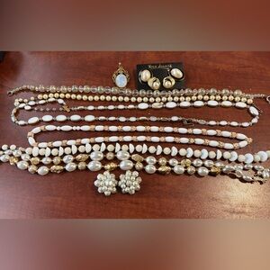 Vintage White, Enamel, Pearl, Floral, Gold Tone Jewelry Set Lot